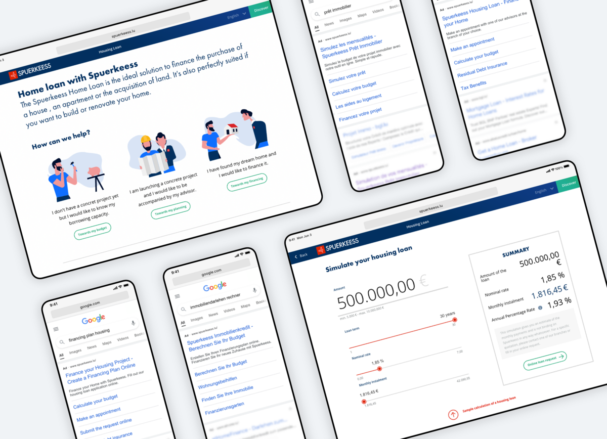 Devices featuring Google text ads and Spuerkeess marketing landing pages for the home loan