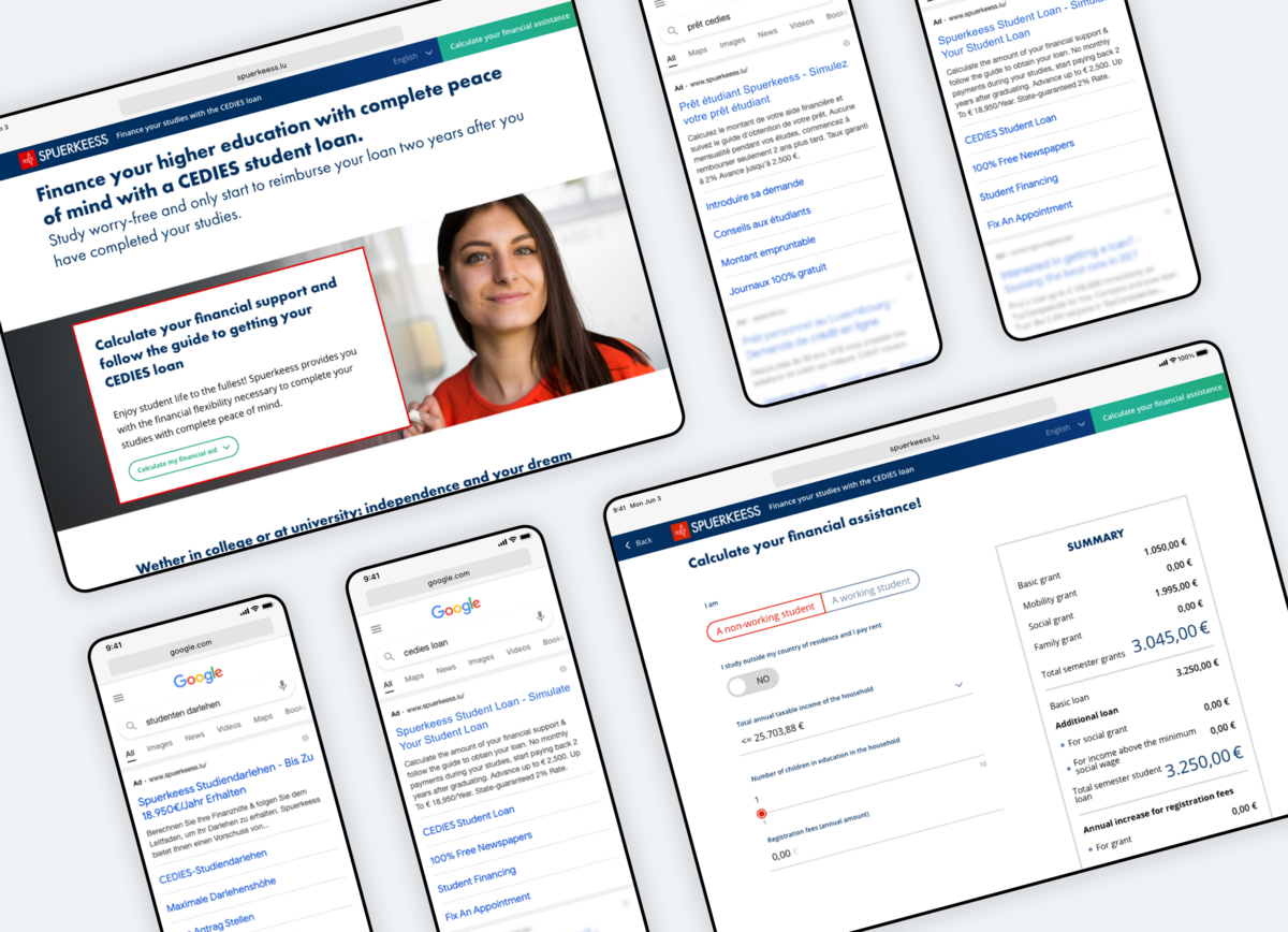 Devices featuring Google text ads and Spuerkeess marketing landing pages for CEDIES student loan