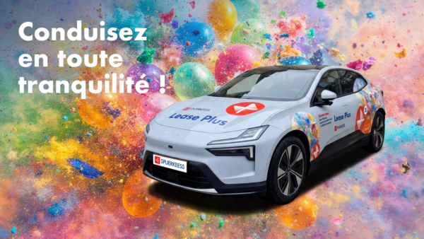 A grey car with colourful Spuerkeess branding.