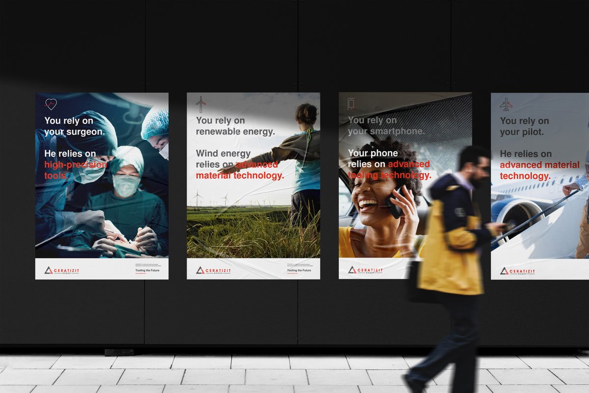 4 Posters with the new Ceratizit Corporate Identity on a black wall