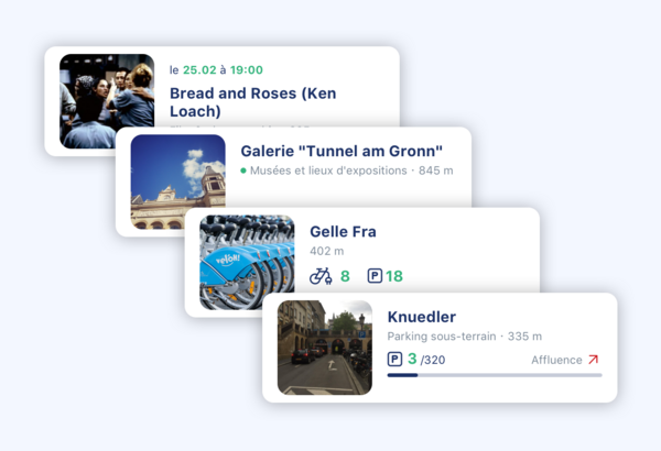 4 examples of the mobile app widgets: Events, Places, Veloh and parking widget