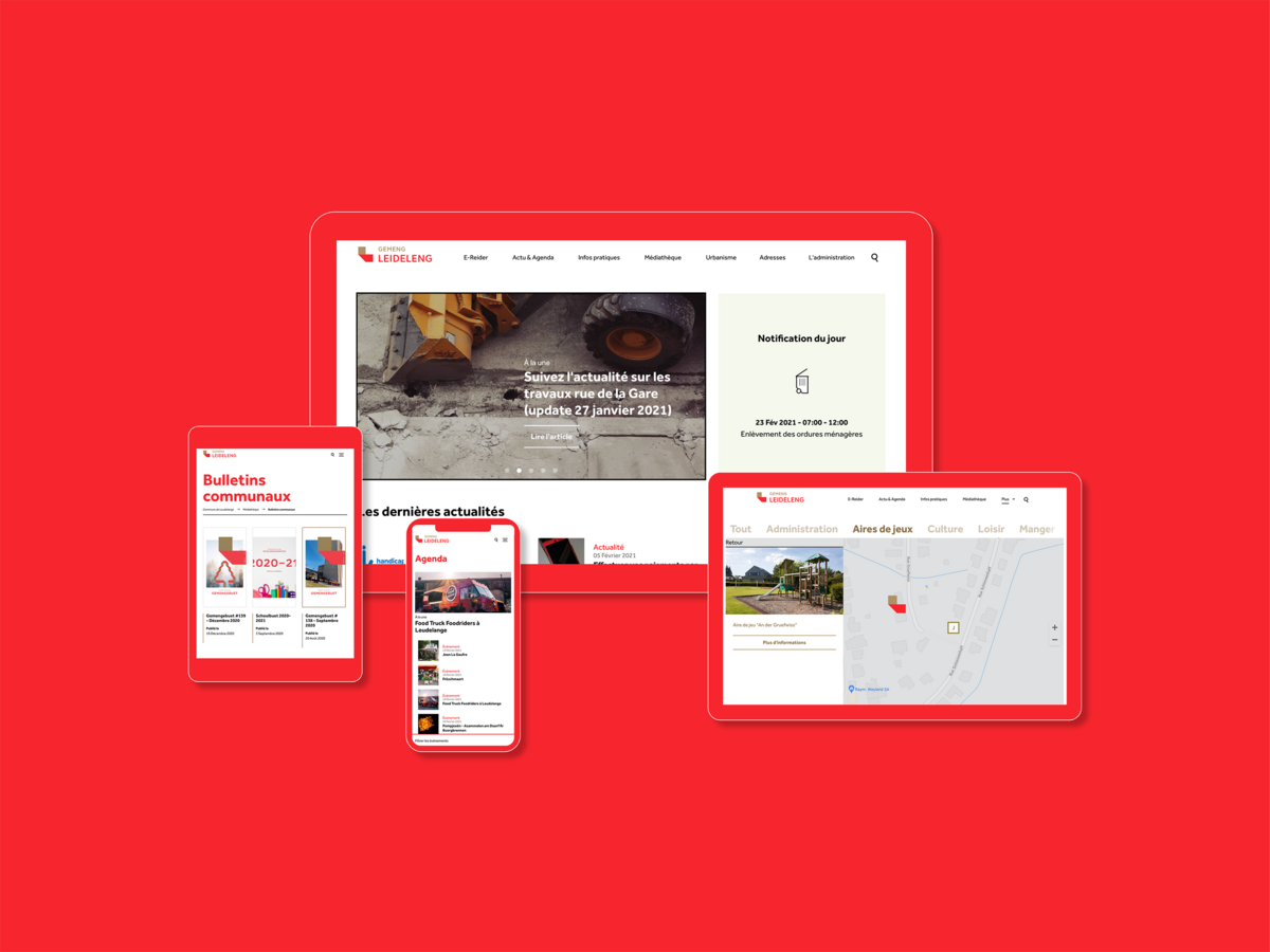 Multiple devices featuring Leudelange's website design on a red background